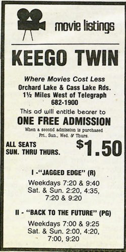 1985 ad Keego Theatre, Keego Harbor